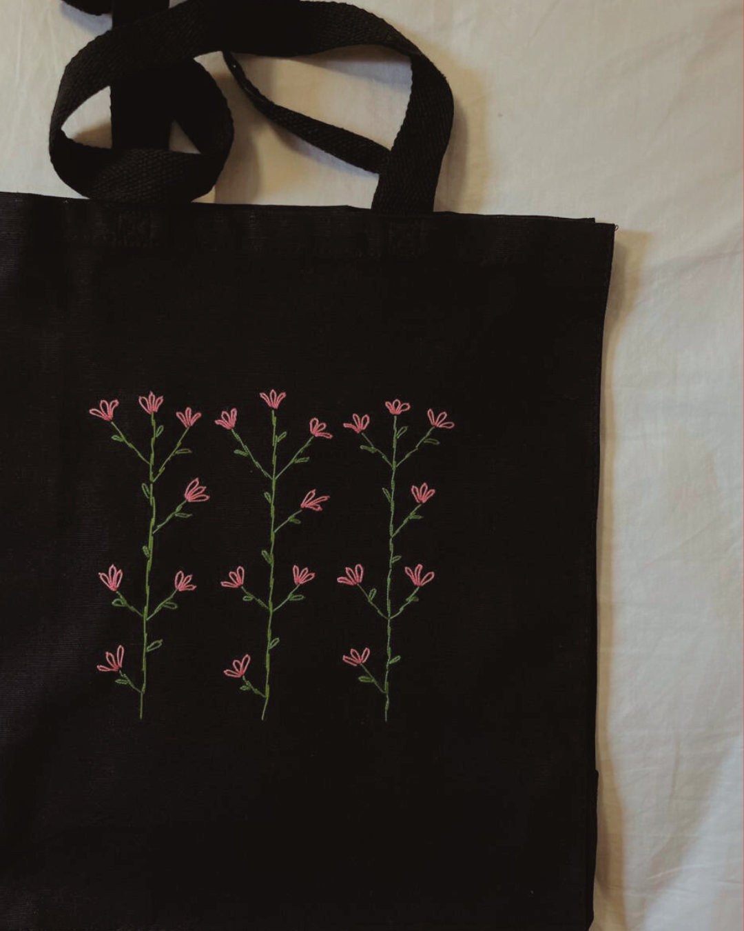 Wildflower Embroidered Tote Bag - Black & Pink