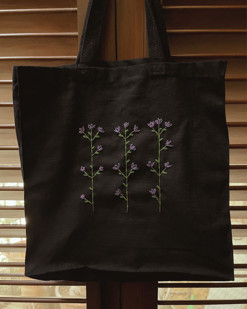 Wildflower Embroidered Tote Bag - Black & Purple